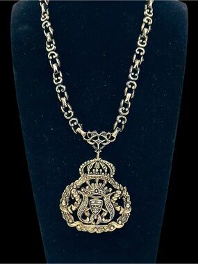 Vintage Heraldic Shield Crown Pendant Necklace, Renaissance Revival Chain